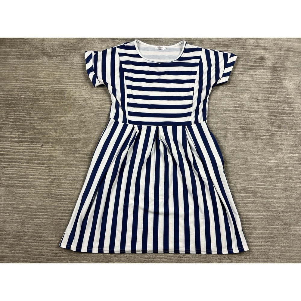 Naggoo Dress Women Medium Blue Striped Short Sleeve Mini Pockets Polyester Blend